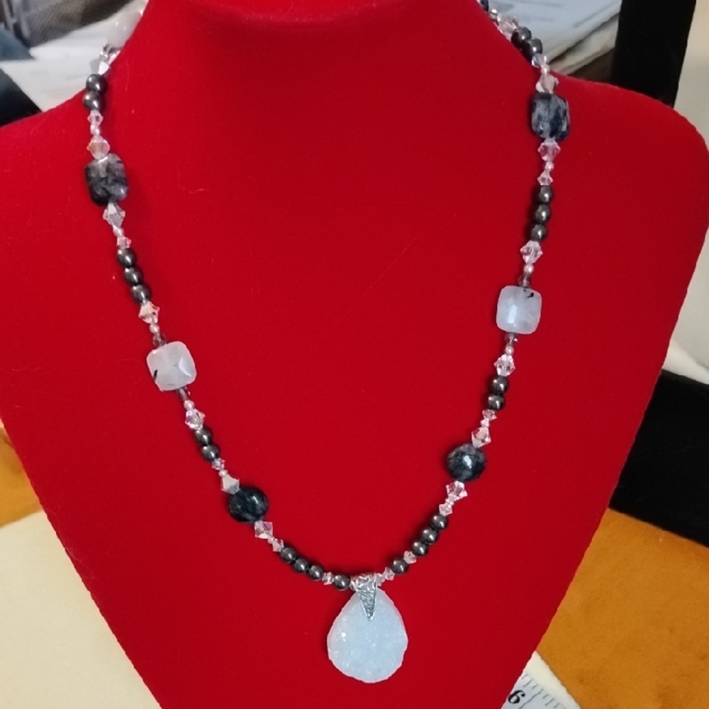 HAND CRAFTED TOURMILATED QUARTZ AND DRUZY NECKLACE WITH STERLING SILVER ARTISAN